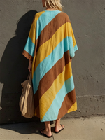 Color-block Diagonal Stripe V-neck Batwing-sleeve Cotton-linen Midi Kaftan Dress