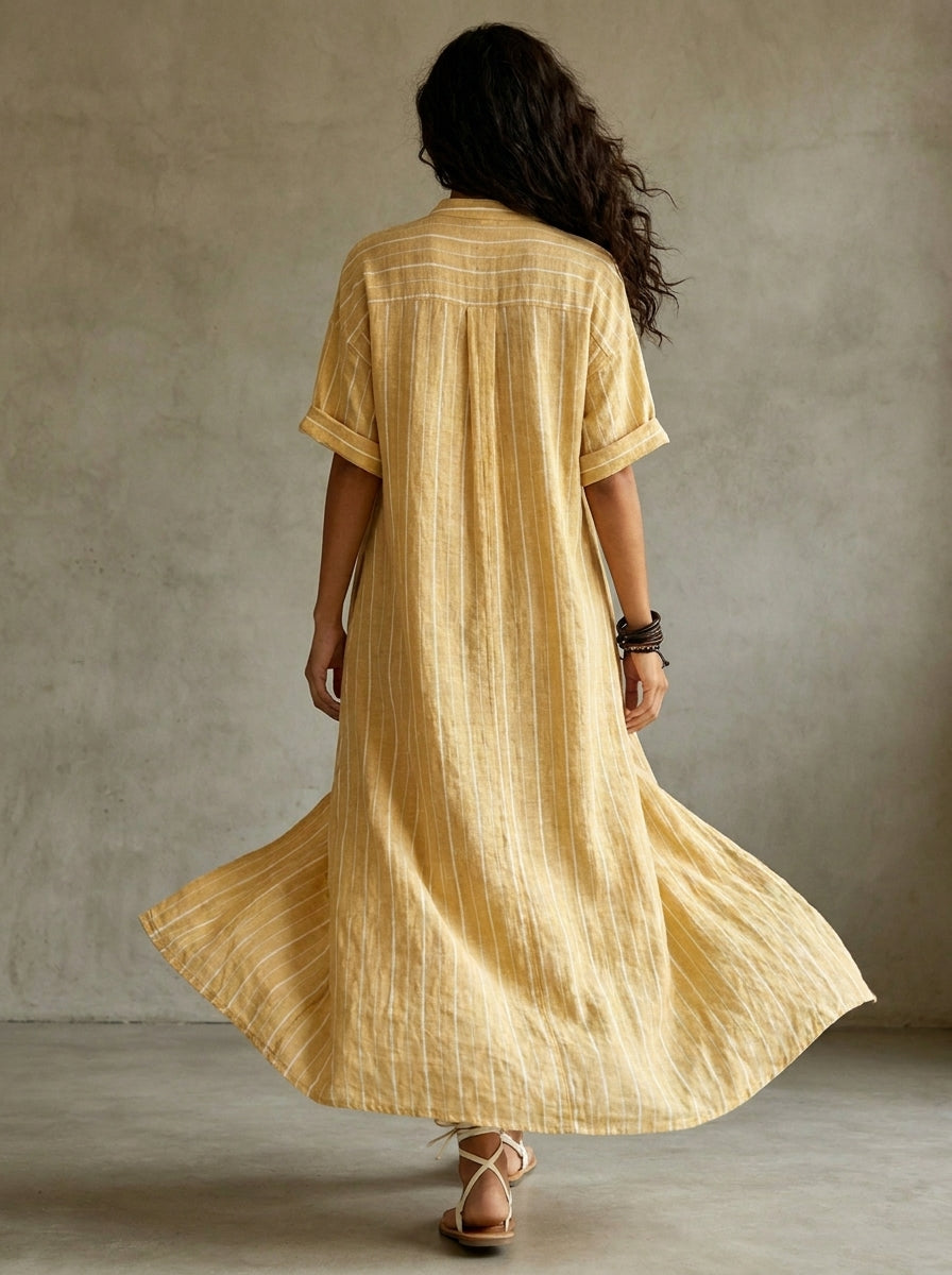Women's Striped Short-sleeve Button-up Stand-collar Flowy Maxi Dress