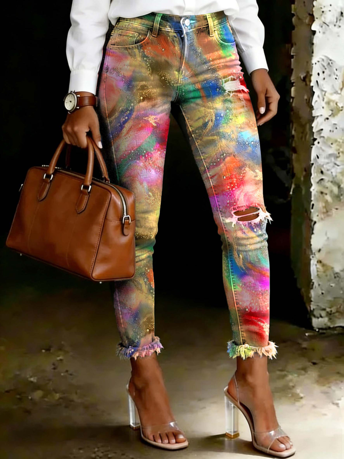 Women's Colorful Shimmering Gradient Art Print Ripped Skinny Jeans