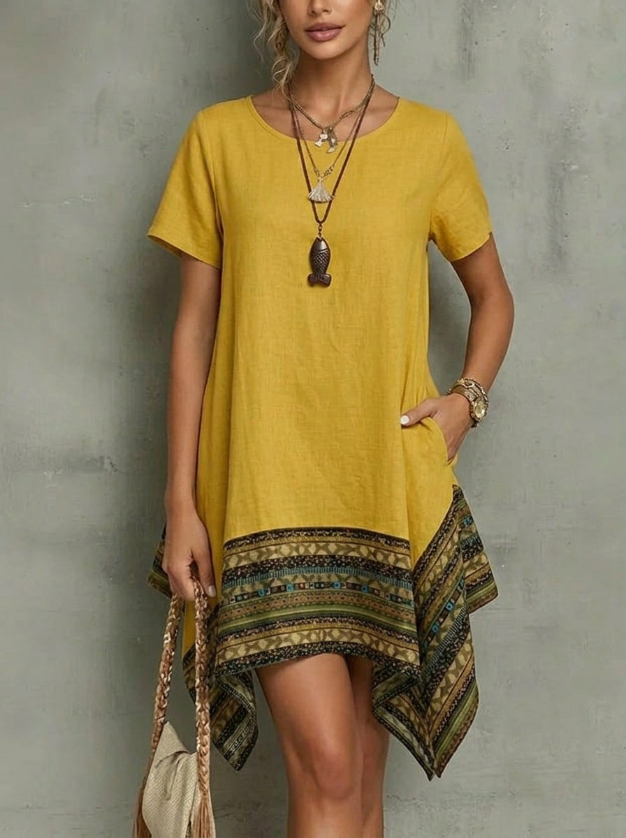 Women’s Vintag Ethnic Round Neck Short Sleeve Causal Pocket Dress
