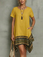 Women’s Vintag Ethnic Round Neck Short Sleeve Causal Pocket Dress