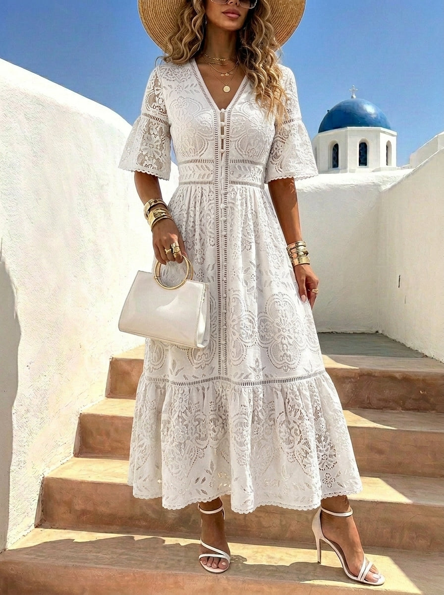 Women’s V-neck Short-sleeve Cut-out Details And Single-breasted Closure Lace Dress
