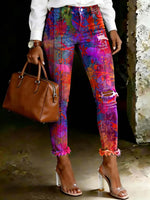 Women's Colorful Abstract Art Ripped Skinny Jeans