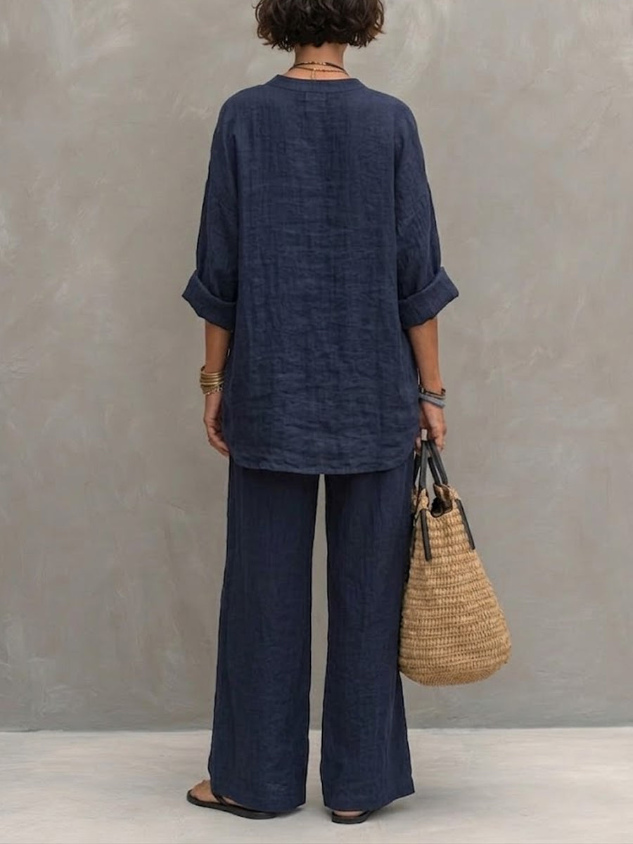 Women's Simple Navy Cotton-linen Set