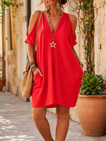 Women’s Casual Summer Loose Solid-color Cotton V Neck Dress
