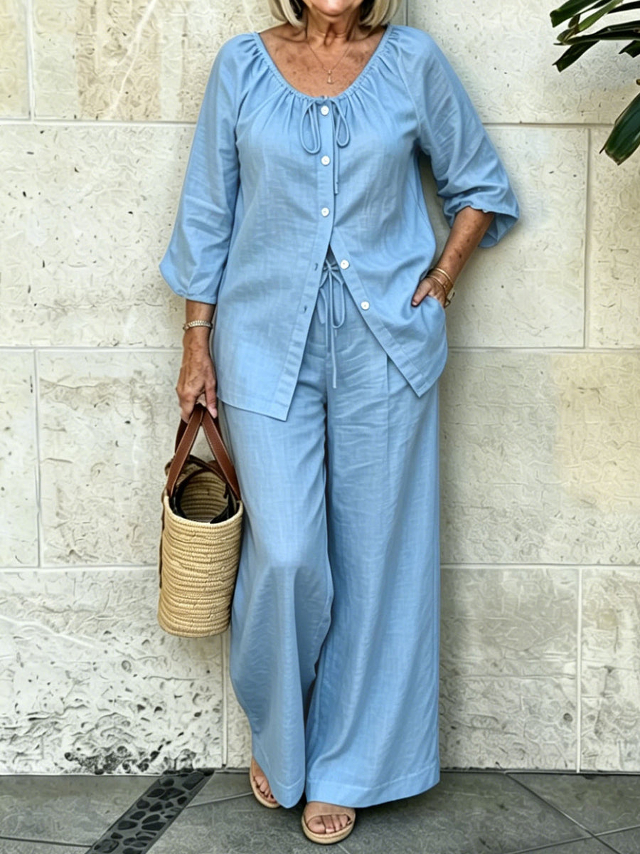 Women's Drawstring Button Top And Loose Casual Pants Two-piece Set