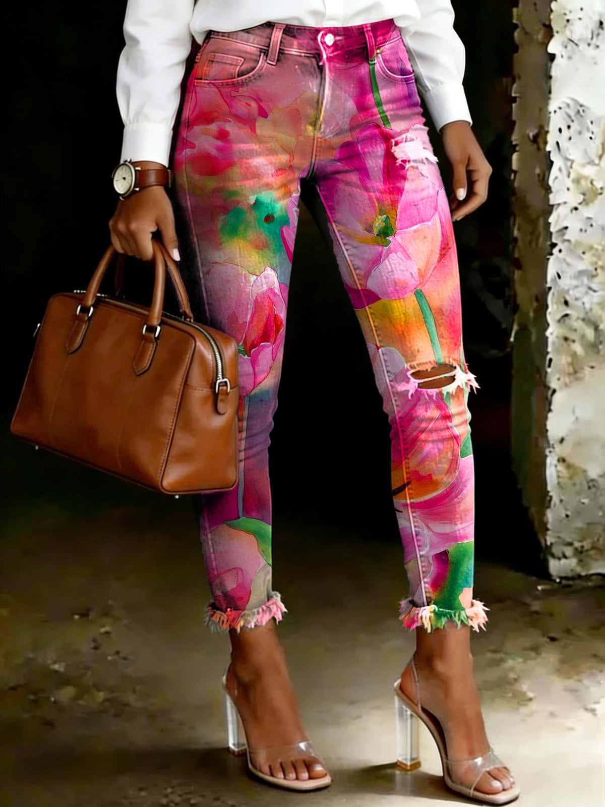 Women's Pink Gradient Floral Print Ripped Skinny Jeans
