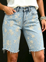 Women's Vintage Floral Art Print Casual Denim Shorts