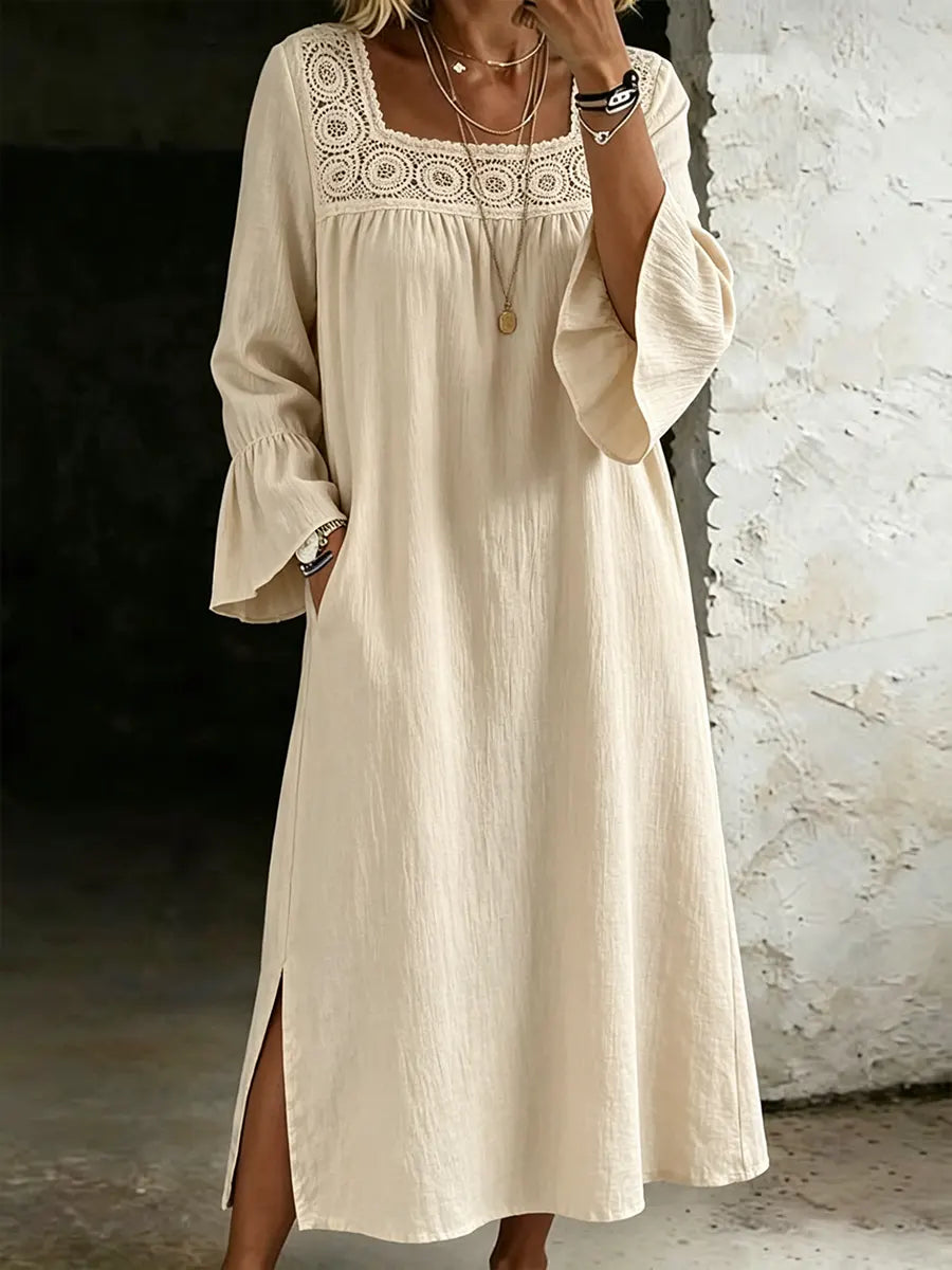 Women's Casual Retro Grace Square Neckline Cotton Linen Dress