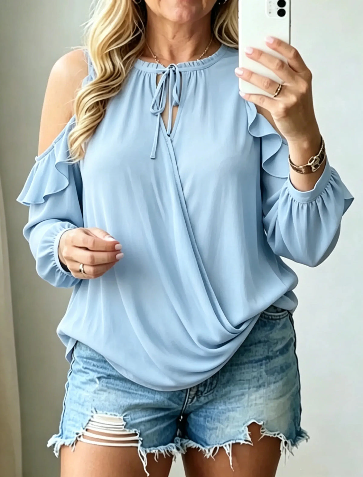Women's Cold Shoulder Ruffle Blouse Tie Neck Long Sleeve Casual Tops
