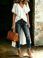 Women's V Neck High Low Chiffon Top Ruffle Short Sleeve Asymmetric Flowy Blouse Shirt