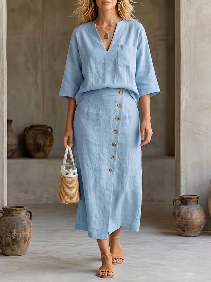 Women's Solid-color Cotton-linen Set: Casual Loose V-neck 3/4 Sleeve Top & High-waisted A-line Skirt