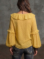 Chic And Elegant Chiffon Blouse Featuring A Jacquard And Fil Coupé Polka-dot Pattern With Ruffle Details.