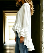 Women's Solid Crew Neck Tiered Ruffle High Low Blouse