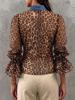 Women's Leopard Print V-neck Long-sleeve Casual Loose Denim Cardigan With Chiffon Panels
