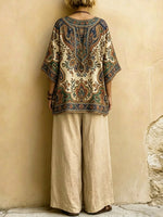 Women's Ethnic Floral Art Comfortable Casual Top And Pants Cotton Linen Two-piece Set