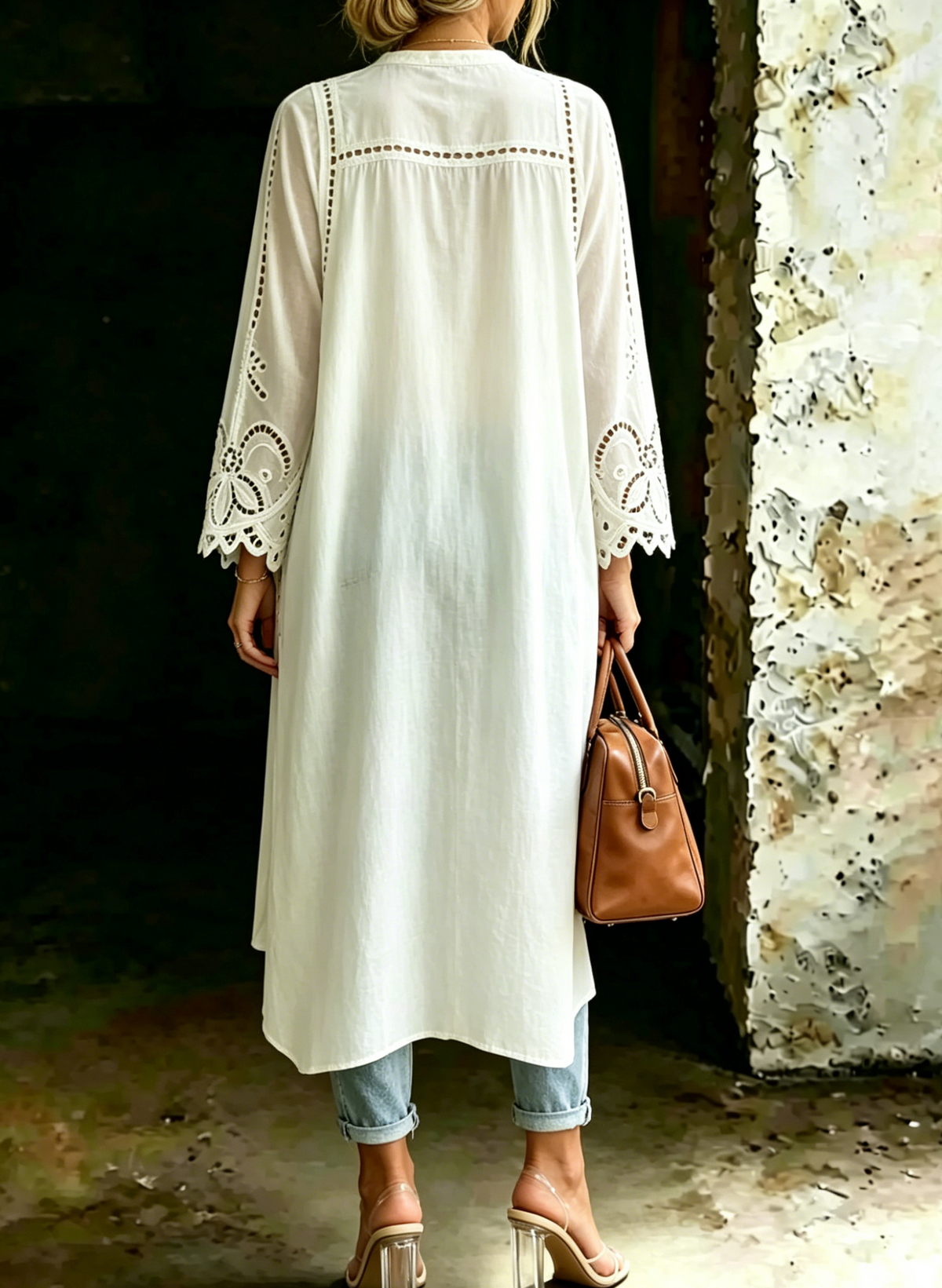 Women's Casual White High Low Blouse Eyelet Embroidered Maxi Shirt Tops
