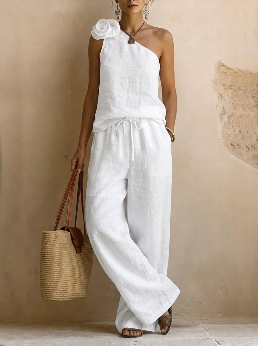 Women’s Bohemian White Linen-Blend Two-Piece Set – One-Shoulder Top with 3D Floral & Drawstring Waist Pants