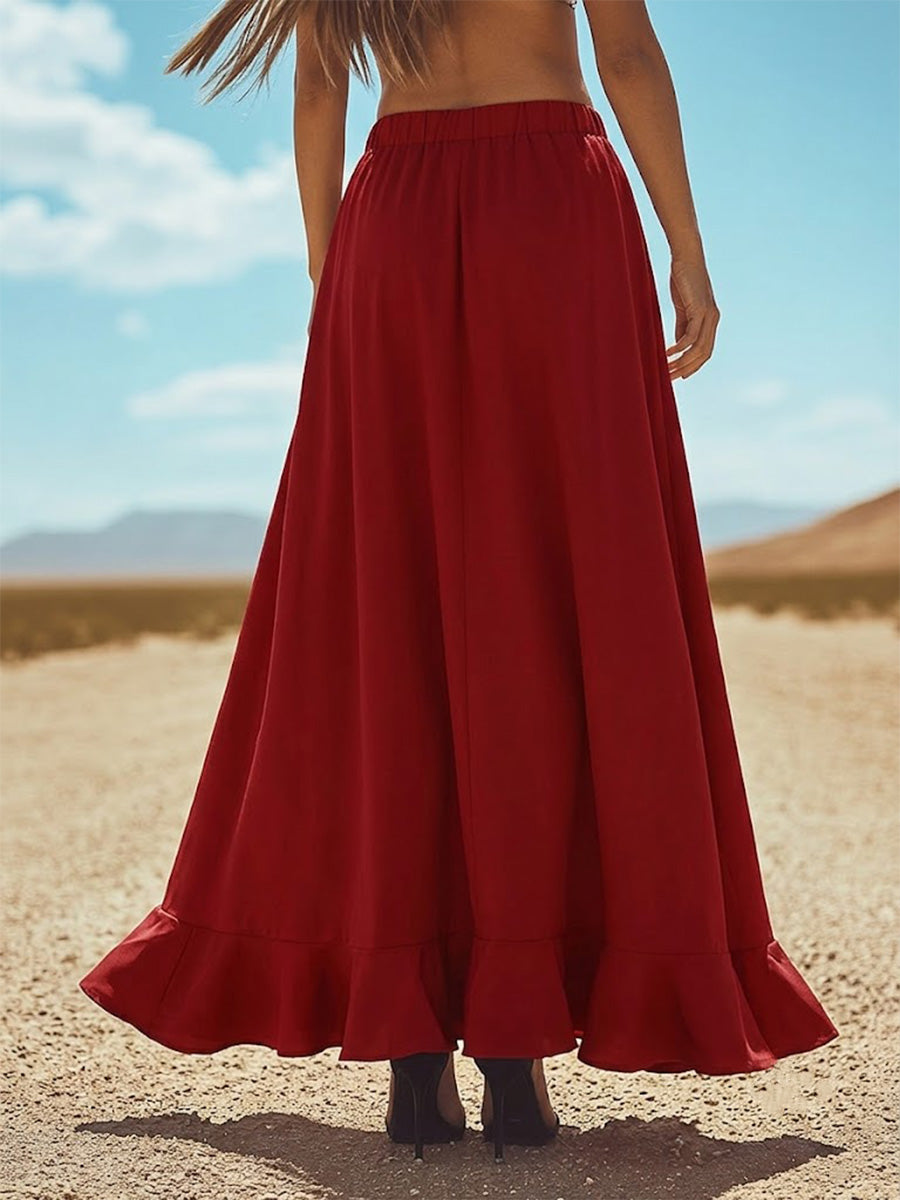 Elastic Waist Front Slit Ruffle Flowy Culottes