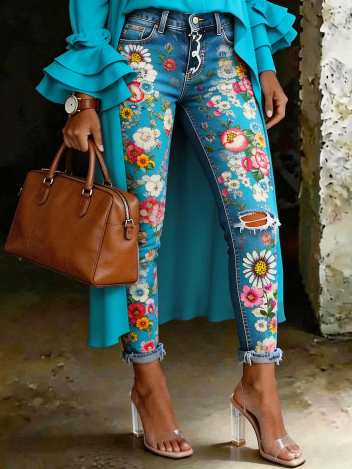 Women's Vintage Floral Art Print Art Ripped Skinny Jeans