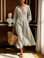 Women's Retro Striped Art Casual Long Sleeve Cotton Linen Maxi Dress