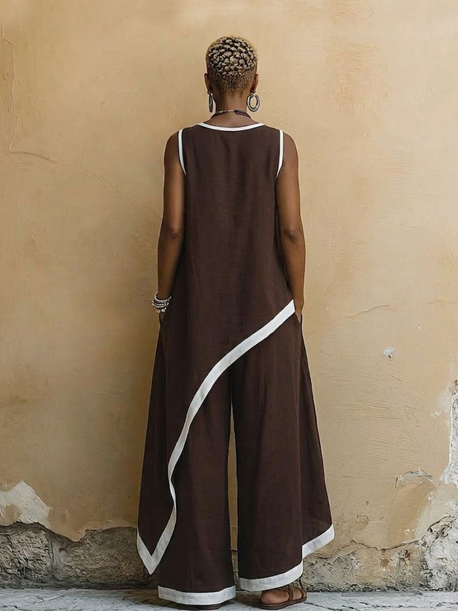 Women's Minimalist Color-block Two-piece Set With An Asymmetrical Hem Top And Trousers