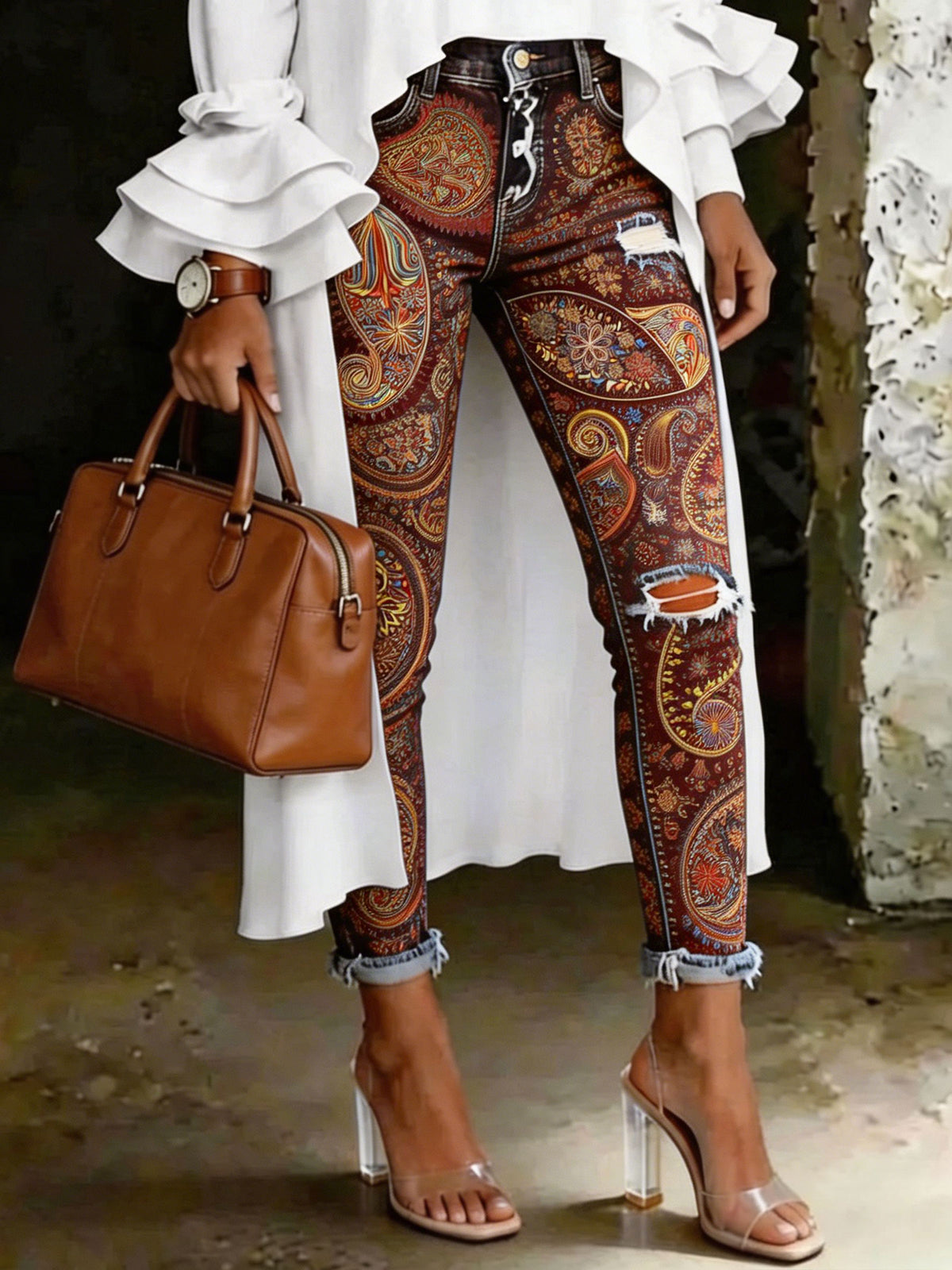 Women's Vintage Ethinic Art Print Art Ripped Skinny Jeans