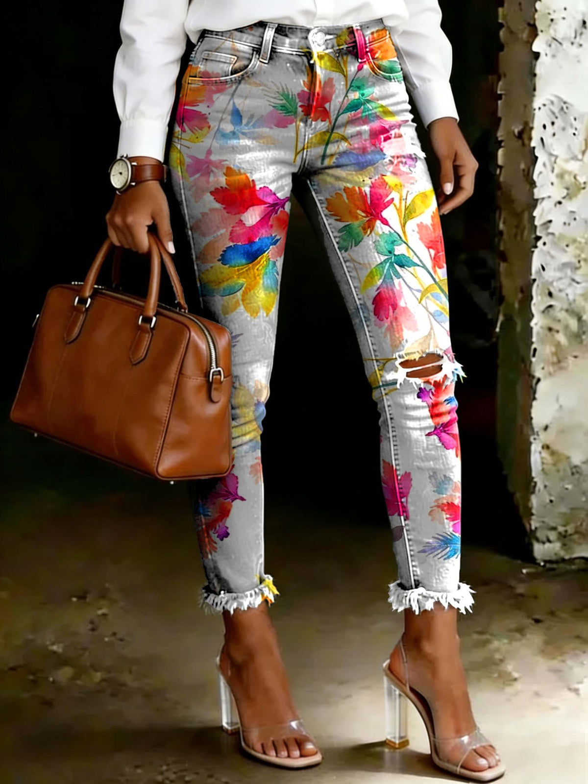 Women's Colorful Floral Art Ripped Skinny Jeans