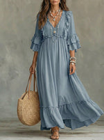 Women's V-Neck Ruffle Long Sleeve Maxi Shirt Dress