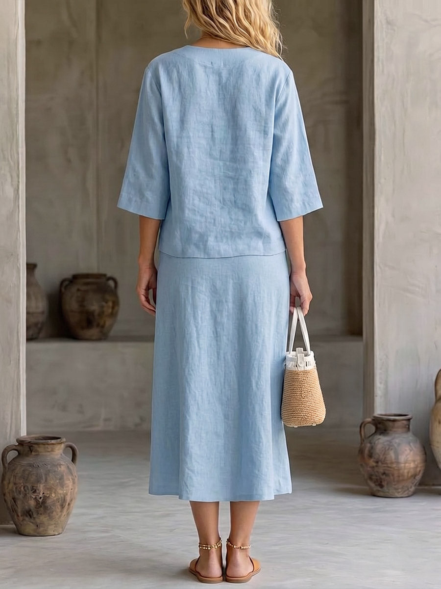 Women's Solid-color Cotton-linen Set: Casual Loose V-neck 3/4 Sleeve Top & High-waisted A-line Skirt