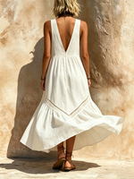 Women's Boho Maxi Dress Elegant V Neck Sleeveless Long Dresses Casual Lace Patchwork Dress