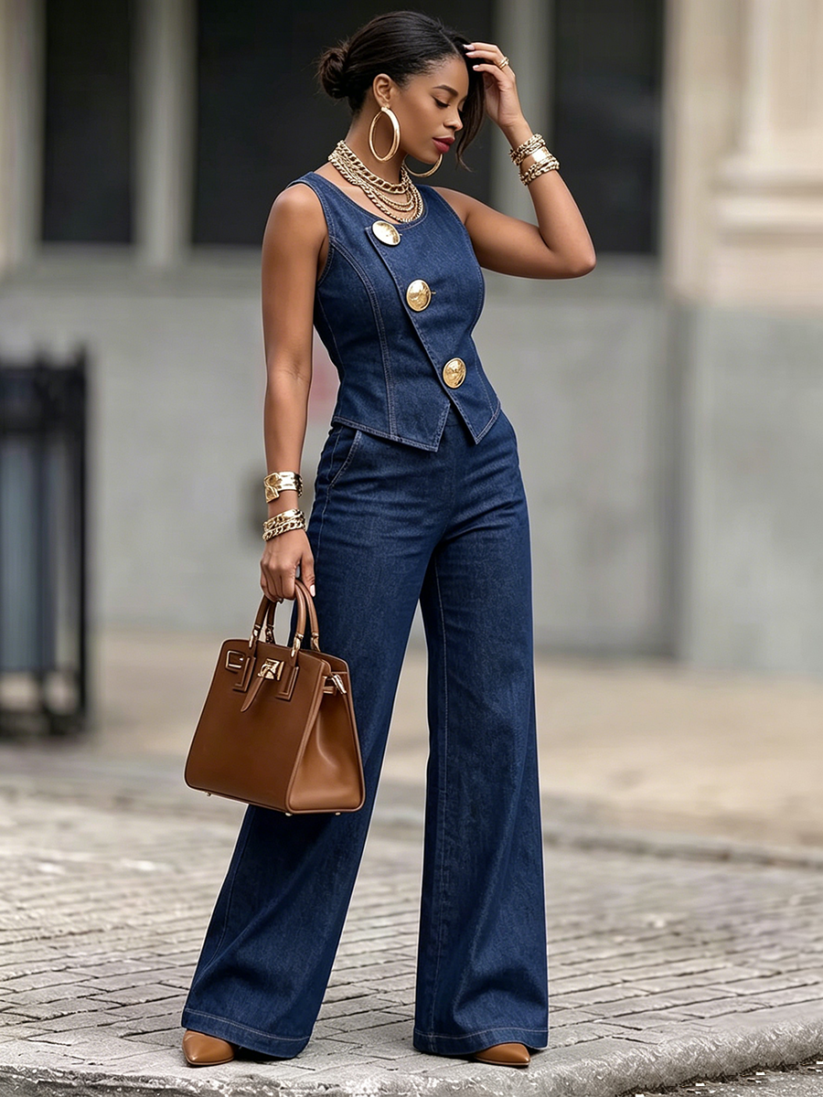 Grown-up Sleeveless Denim Top With Metal Buttons