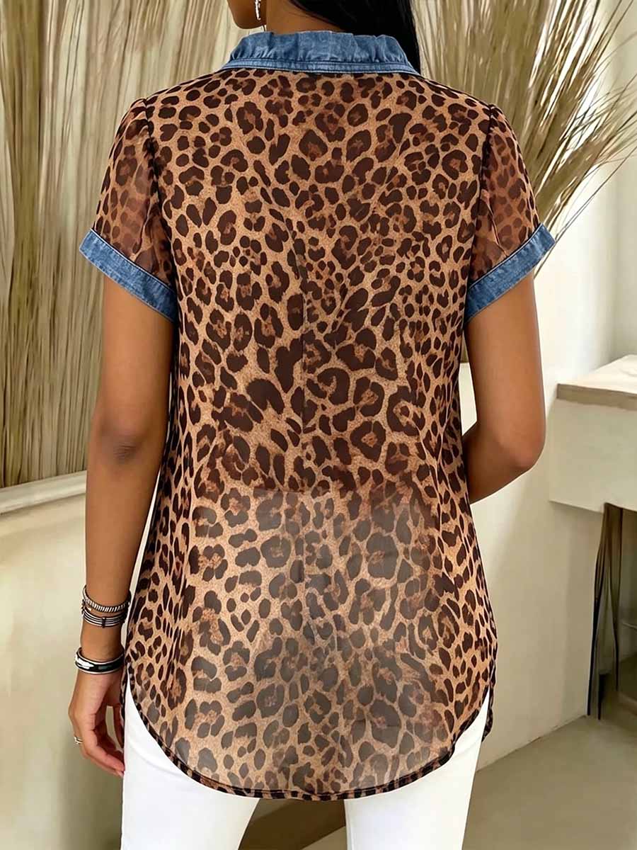 Women's Leopard Print V-neck Short-sleeve Casual Loose Denim Top With Chiffon Paneling