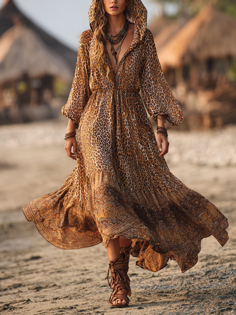 Women's Bohemian Leopard Print Hooded Maxi Dress