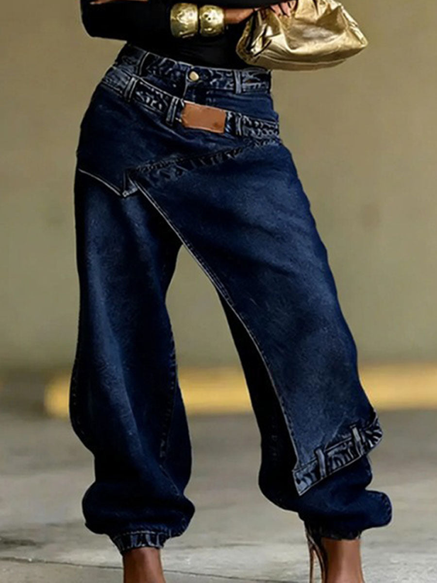 Women's Washed Wide-leg Jeans With Layered Panel Detail