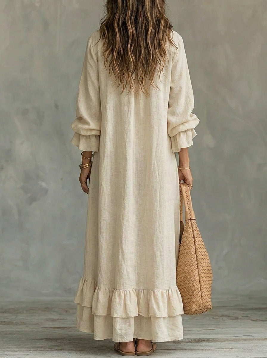 Women's Button Front Ruffle Long Sleeve Maxi Shirt Dress