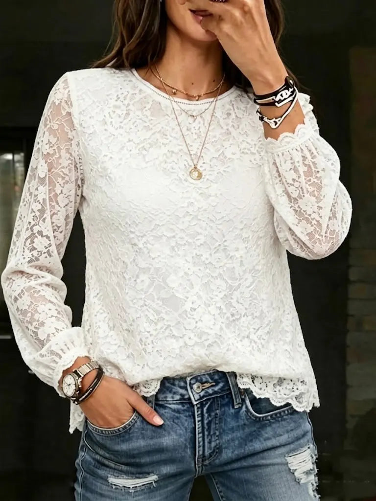 Women's Lace Blouse Long Sleeve Sheer Floral Mesh Tops Shirt