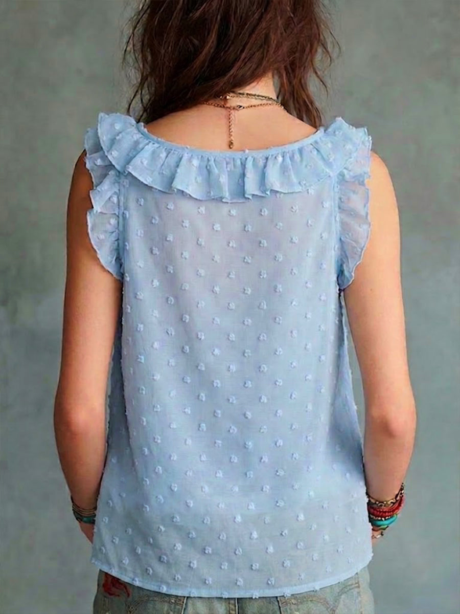 Chic And Elegant Sleeveless Ruffled Chiffon Blouse With Jacquard And Cut-out Polka-dot Details