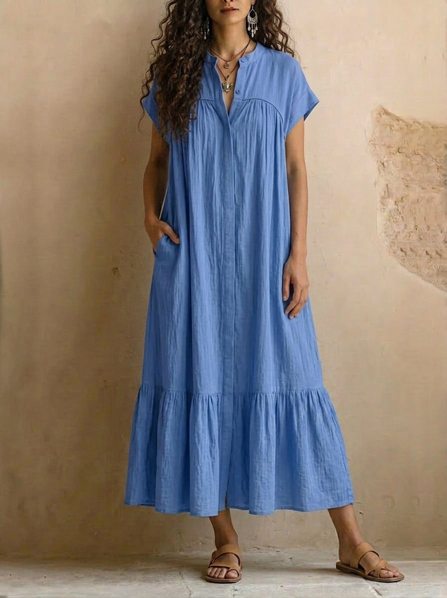 Women’s Casaul Short Sleeve Bottom Down Pocket Cotton Maxi Dress