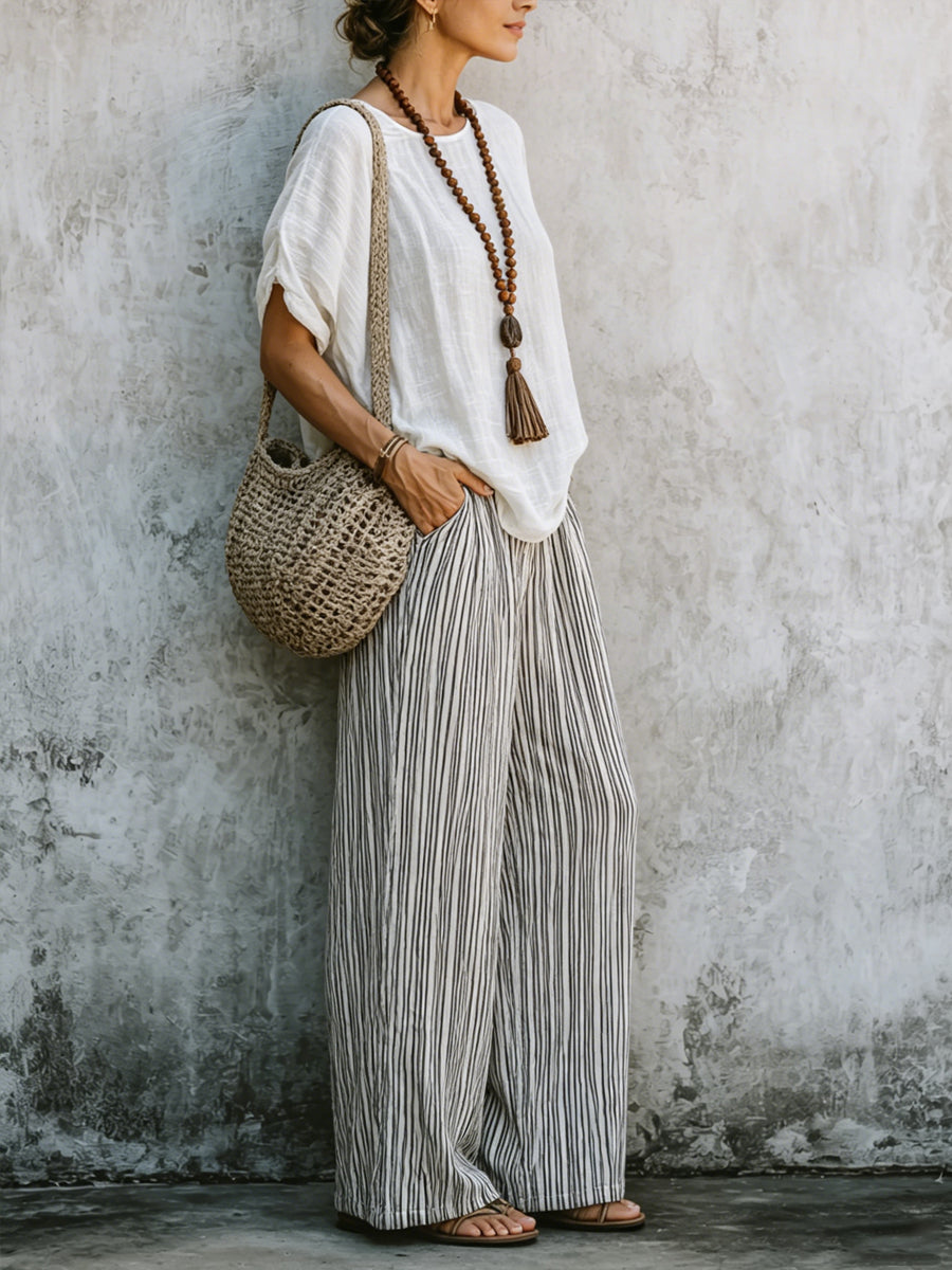 Women's Simple Top And Striped Wide-leg Pants Cotton Linen Set