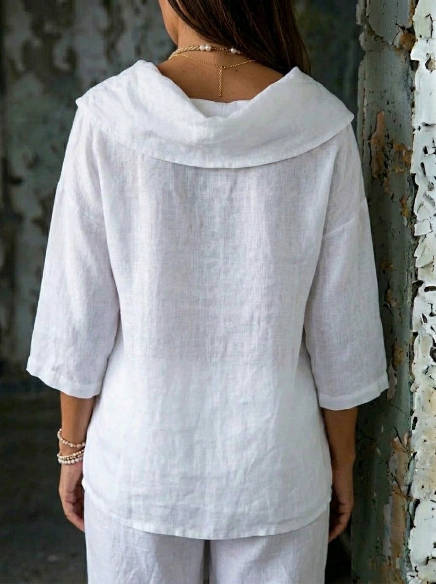 Women's Solid Color Draped Neck 3/4 Sleeve Comfortable Casual Linen Pocket Top