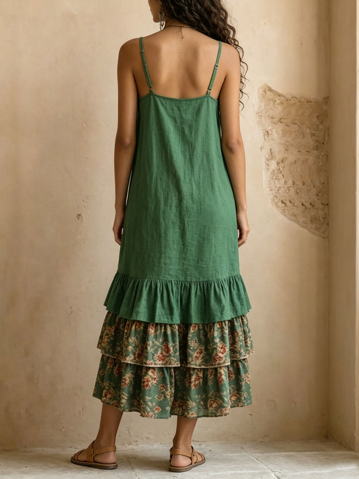 Women’s Strap Multi-layer Ruffle Pockets Maxi Dress