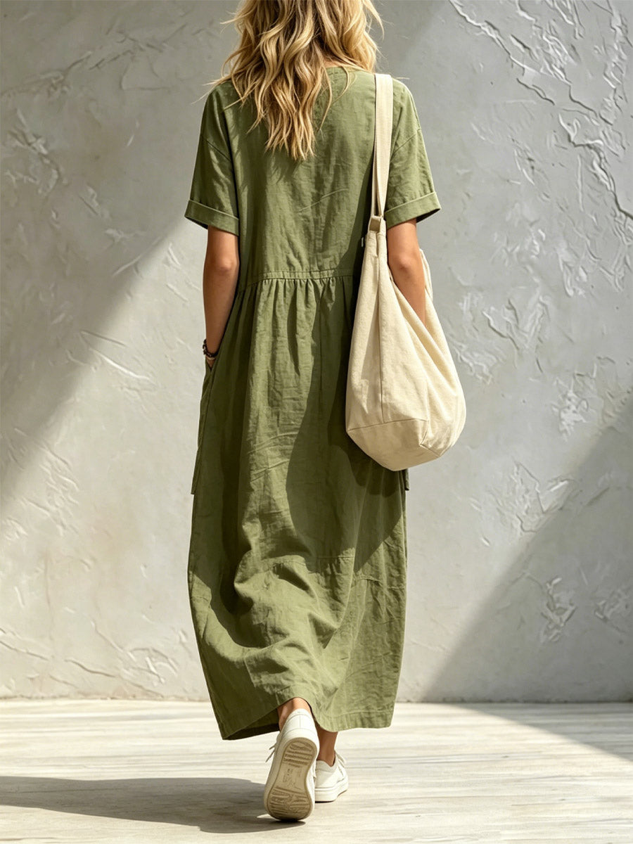 Women's Solid Color Art Casual Short Sleeve Cotton Linen Maxi Dress