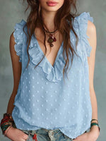 Chic And Elegant Sleeveless Ruffled Chiffon Blouse With Jacquard And Cut-out Polka-dot Details