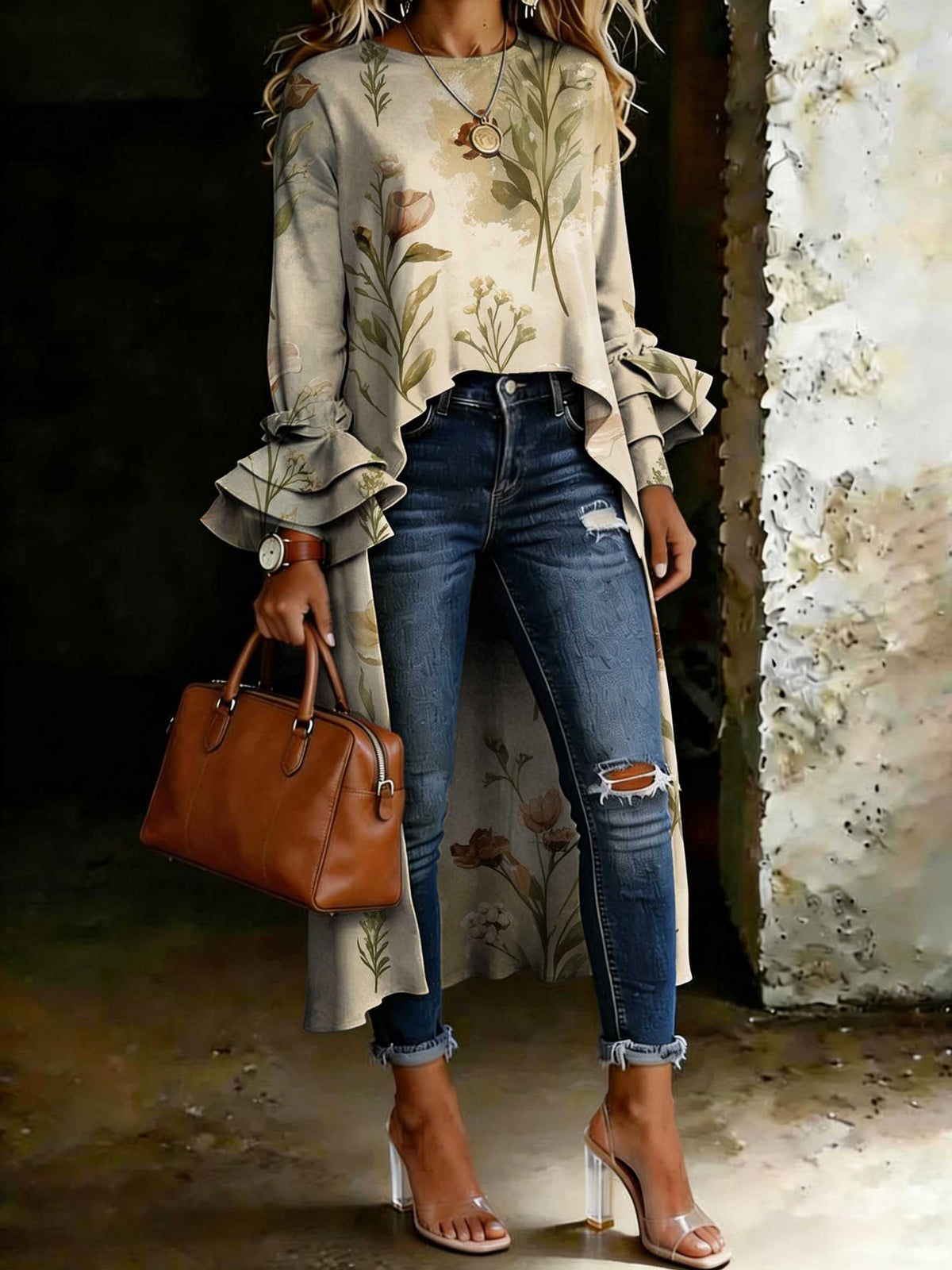 Women's Vintage Floral Casual Solid Color Cotton Shirt