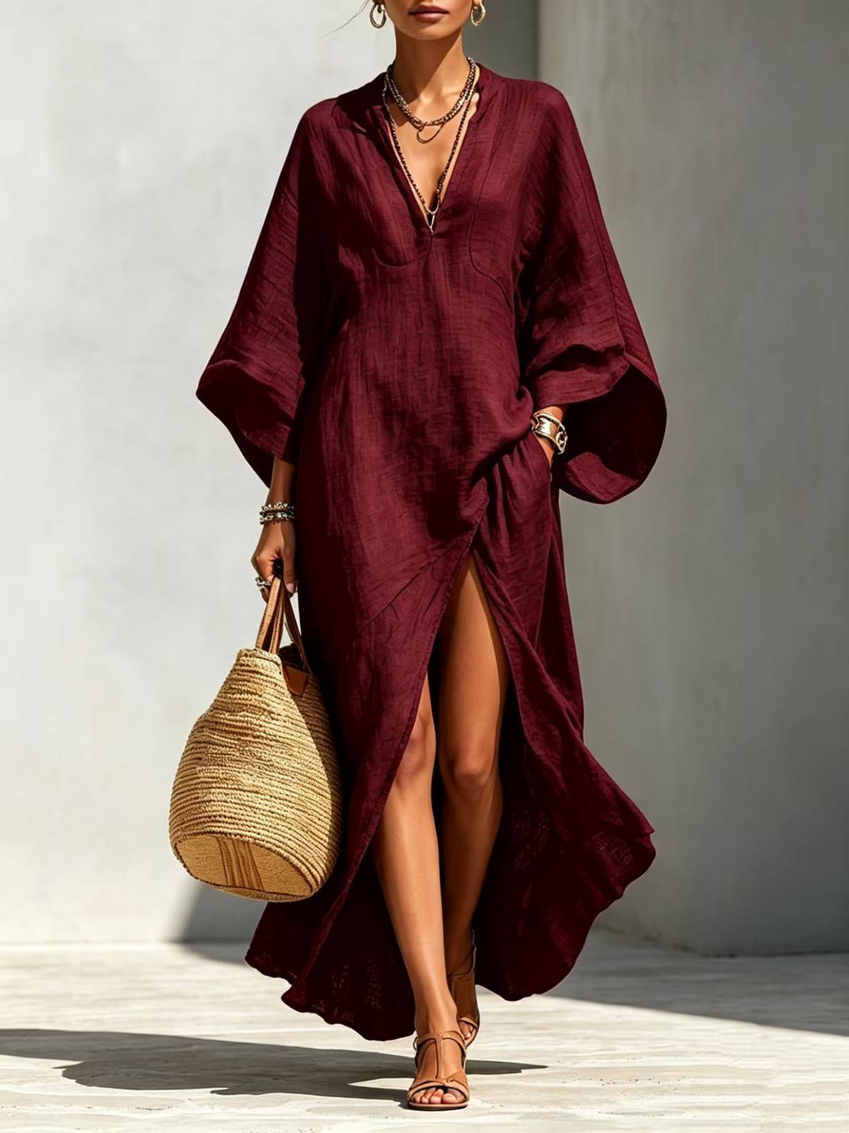 Women's V-neck Lazy Style Batwing Sleeve Loose Long Vacation Dress