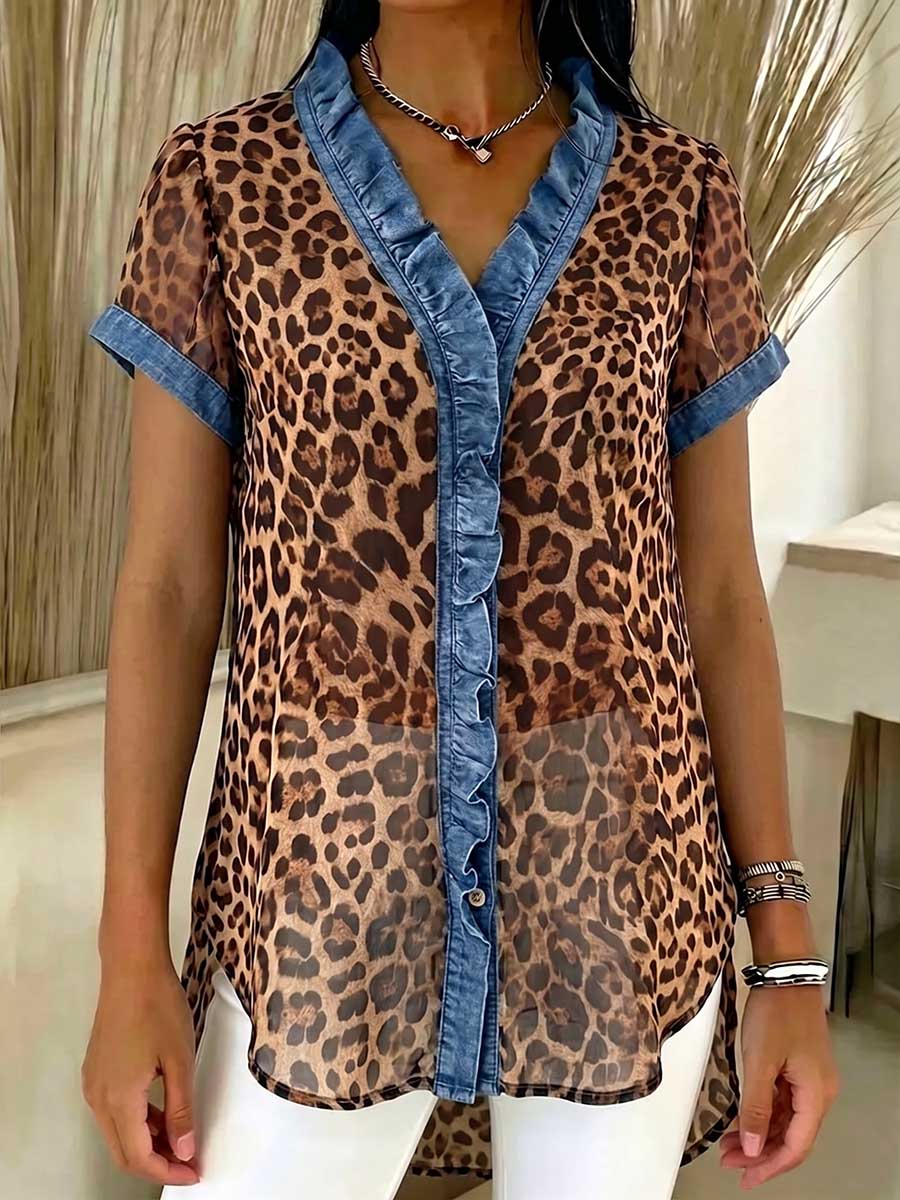 Women's Leopard Print V-neck Short-sleeve Casual Loose Denim Top With Chiffon Paneling
