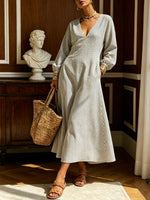 Women's Retro Striped Art Casual Long Sleeve Cotton Linen Maxi Dress