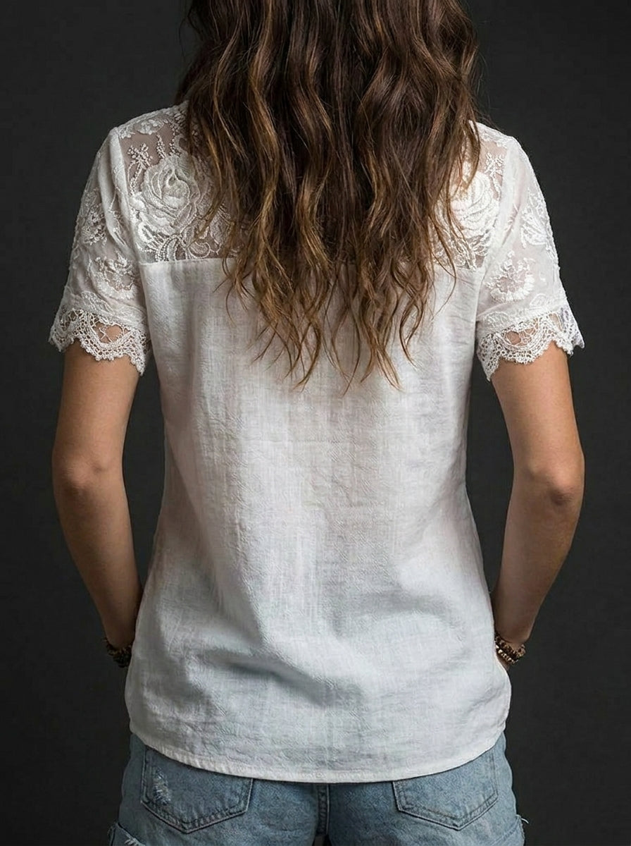 Women's Rose Embroidery Art Crew Neck Short Sleeve Linen Blend T-shirt