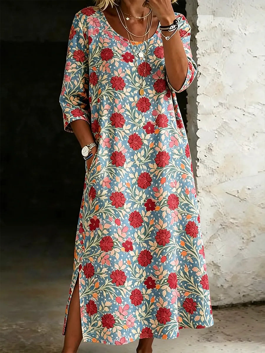 Women's Casual Retro Floral Print Cotton Linen Dress Round Neck And Side Slits